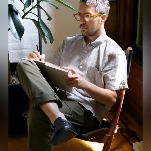 NWT Everlane The Linen Short-Sleeve Standard Fit Shirt Stone/White Stripe Size L - Picture 12 of 13